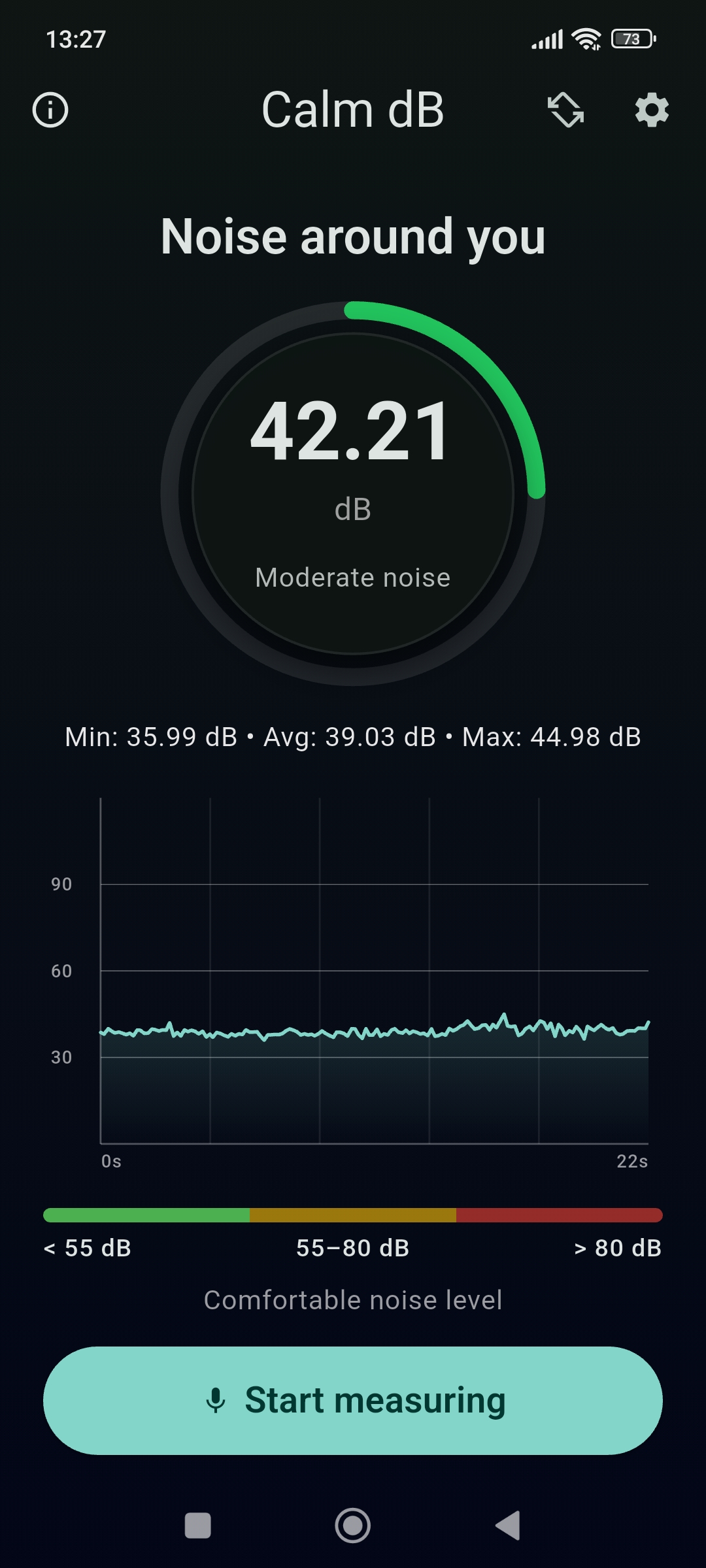 Calm dB dark theme screen