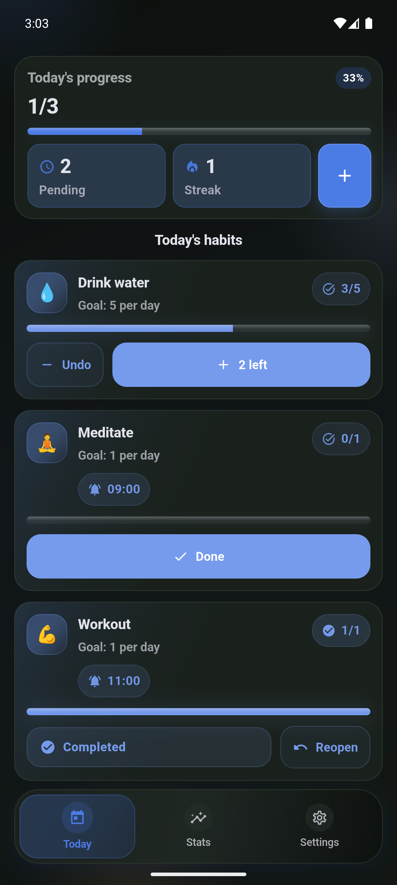 Habivo dark theme habits screen