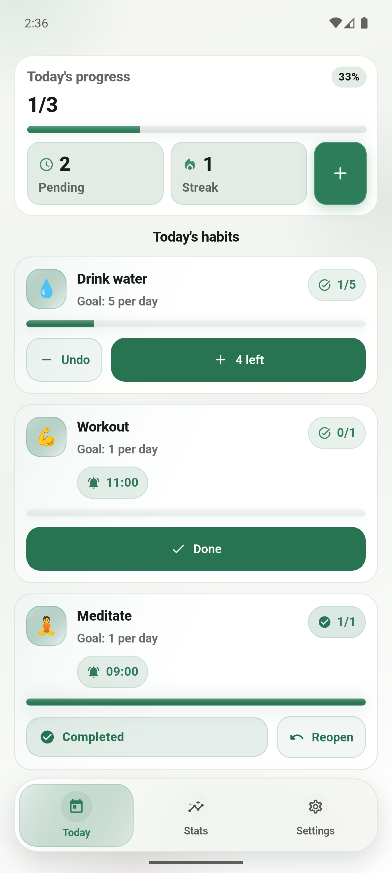 Habivo light theme habits screen