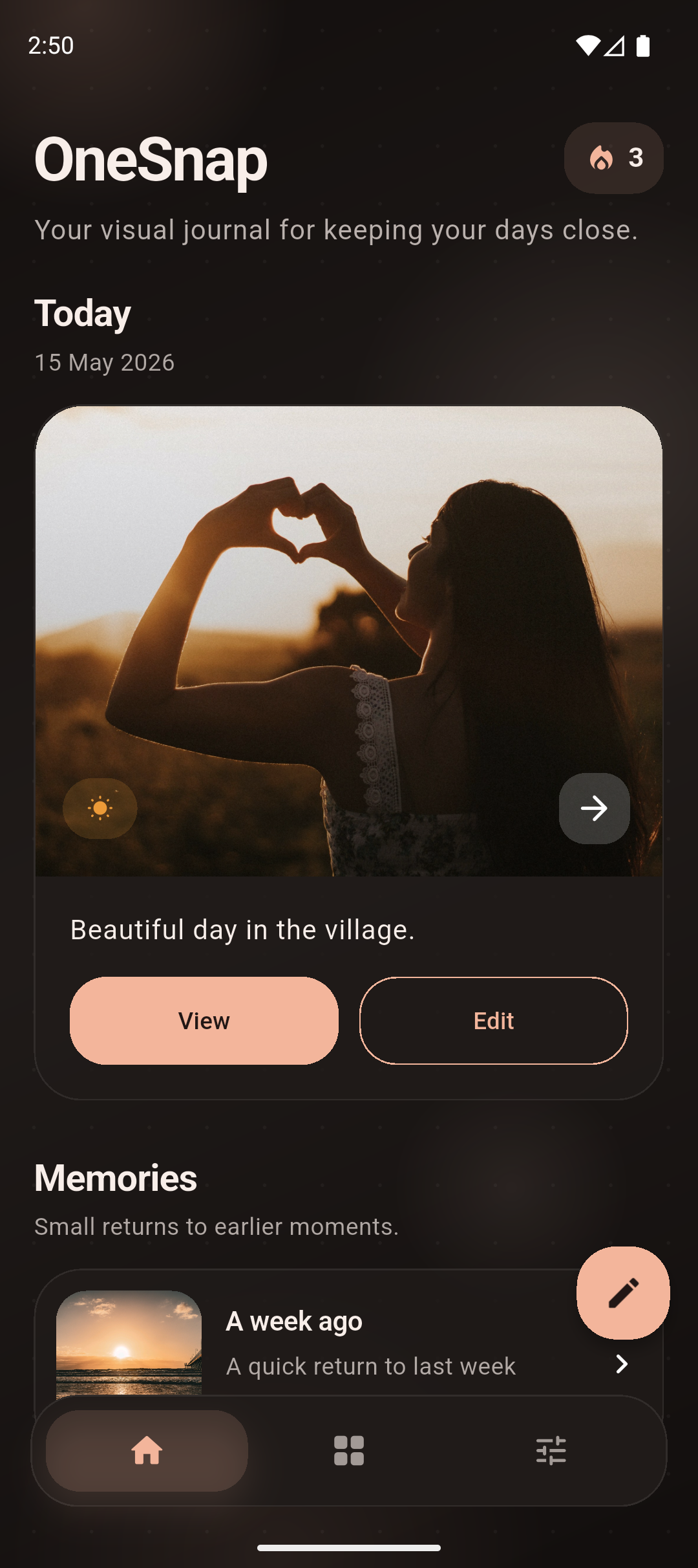 OneSnap dark visual journal screen