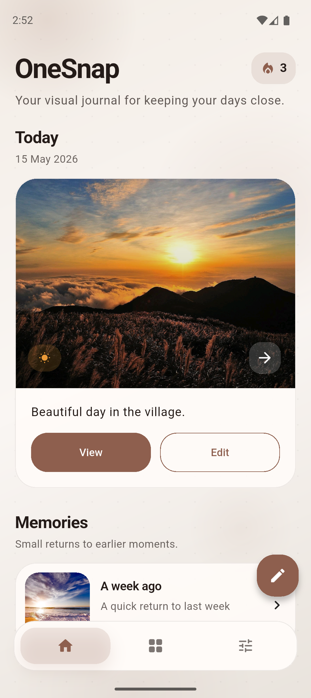 OneSnap light visual journal screen