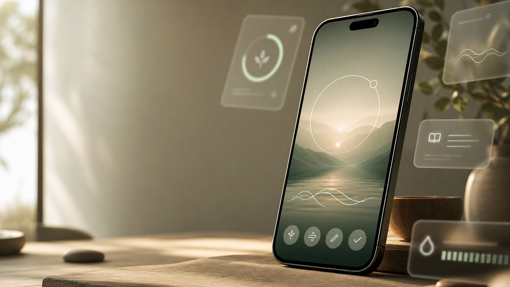 Immersive calm-tech mobile app studio hero visual